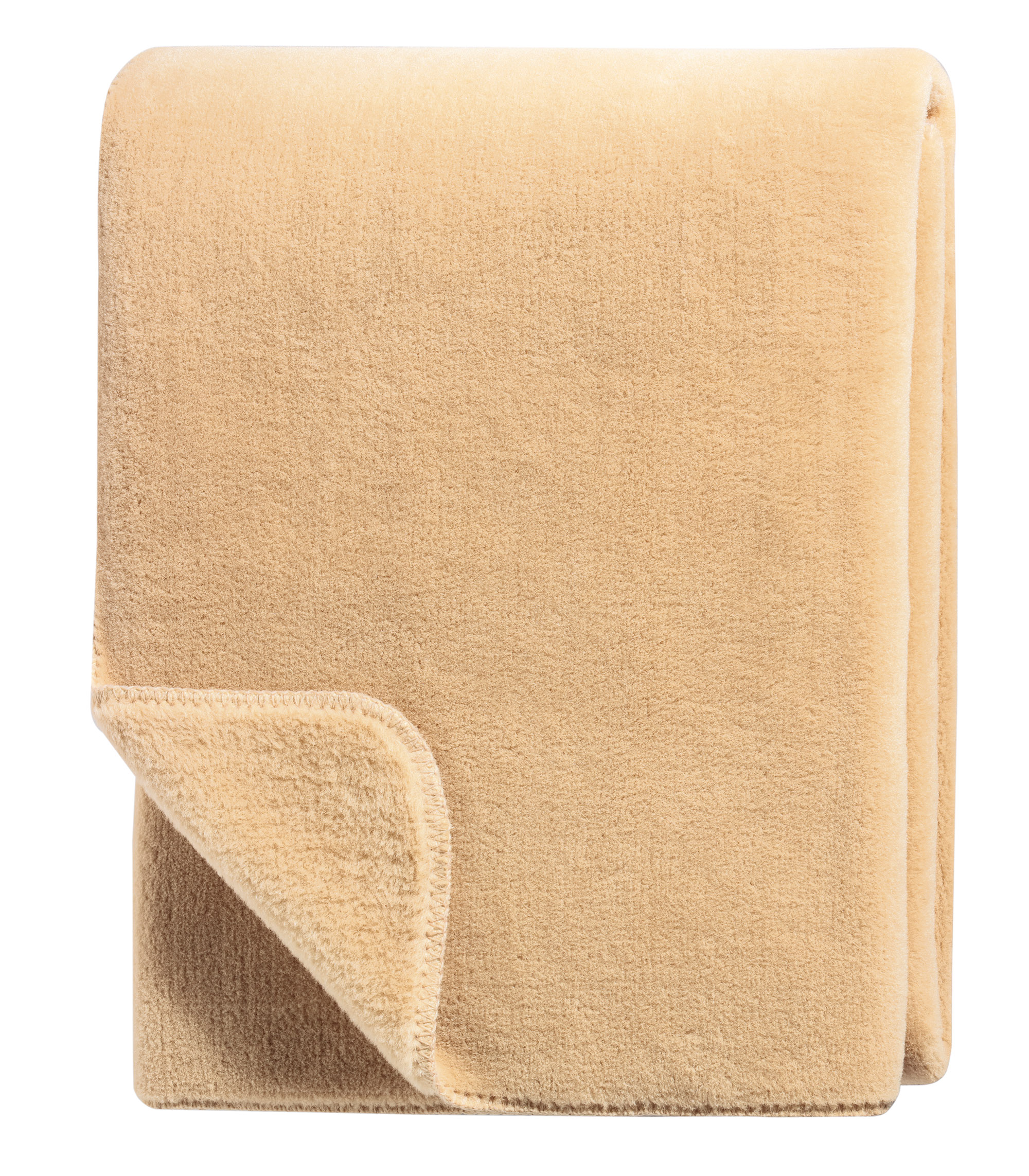 Wohndecke Wool Feel camel Päckchenbild frontal von oben mit umgelegter Ecke