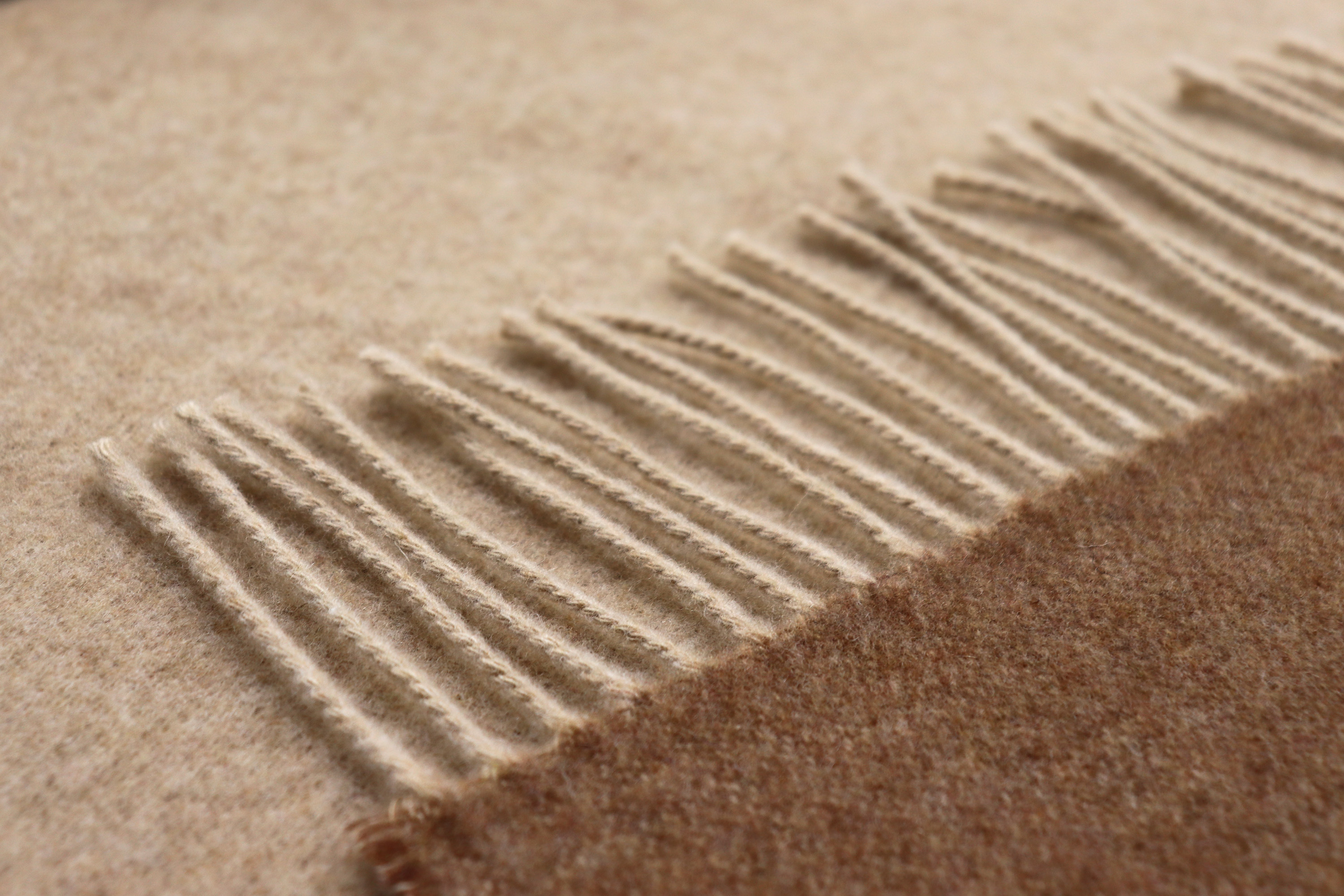 Kaschmirplaid camel-beige Nahaufnahme Fransen Einfassung