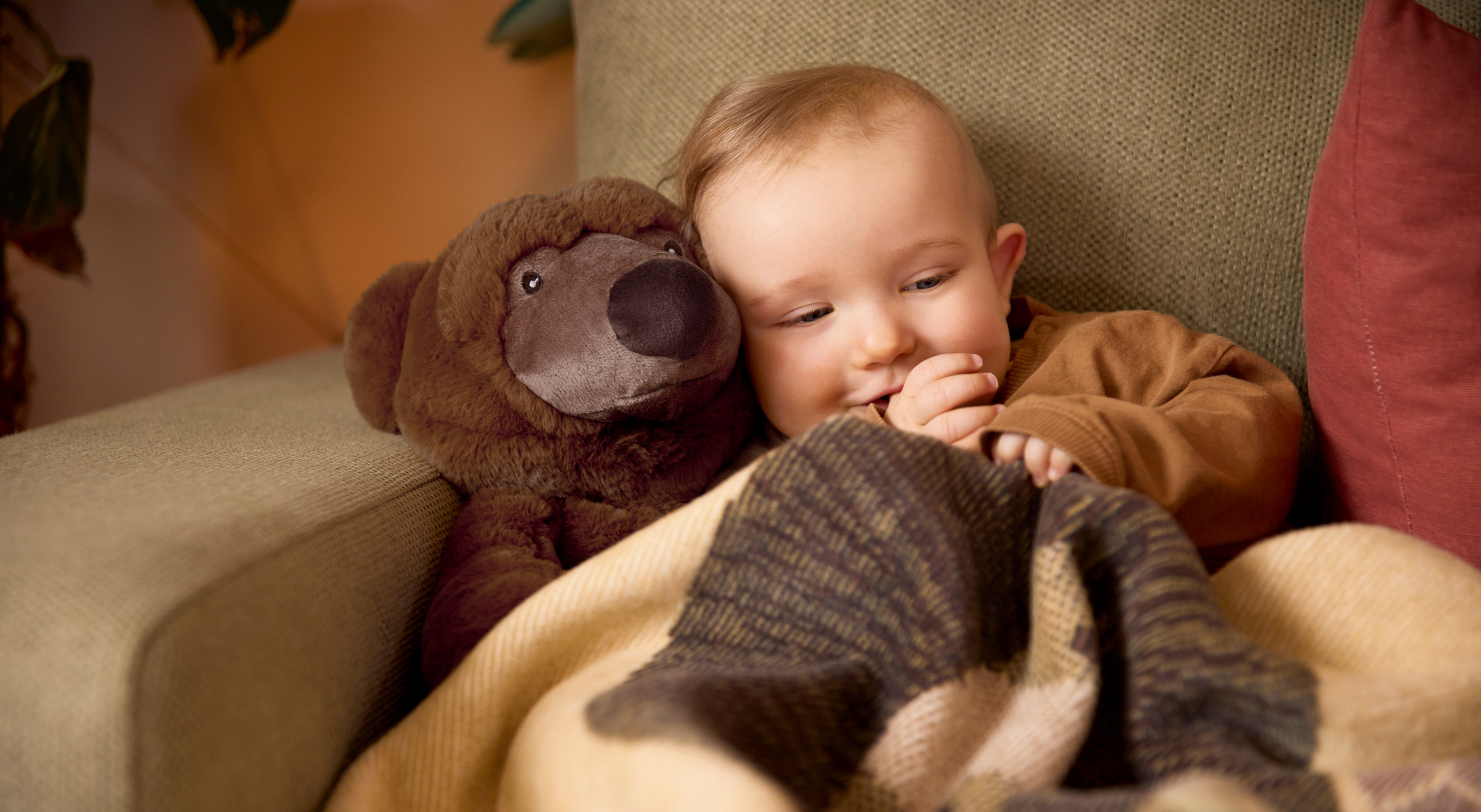 Baby mit Biederlack Drema Team Kuscheltier Bruno und Babydecke Little King