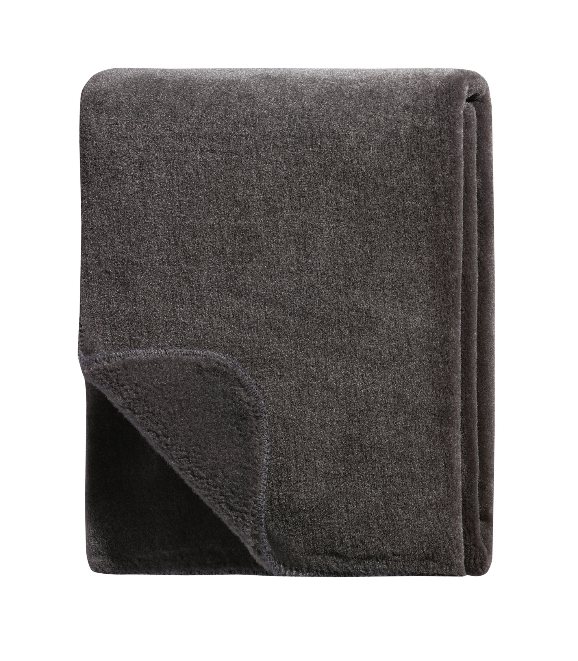 Wohndecke Wool Feel grey Päckchenbild frontal von oben mit umgelegter Ecke