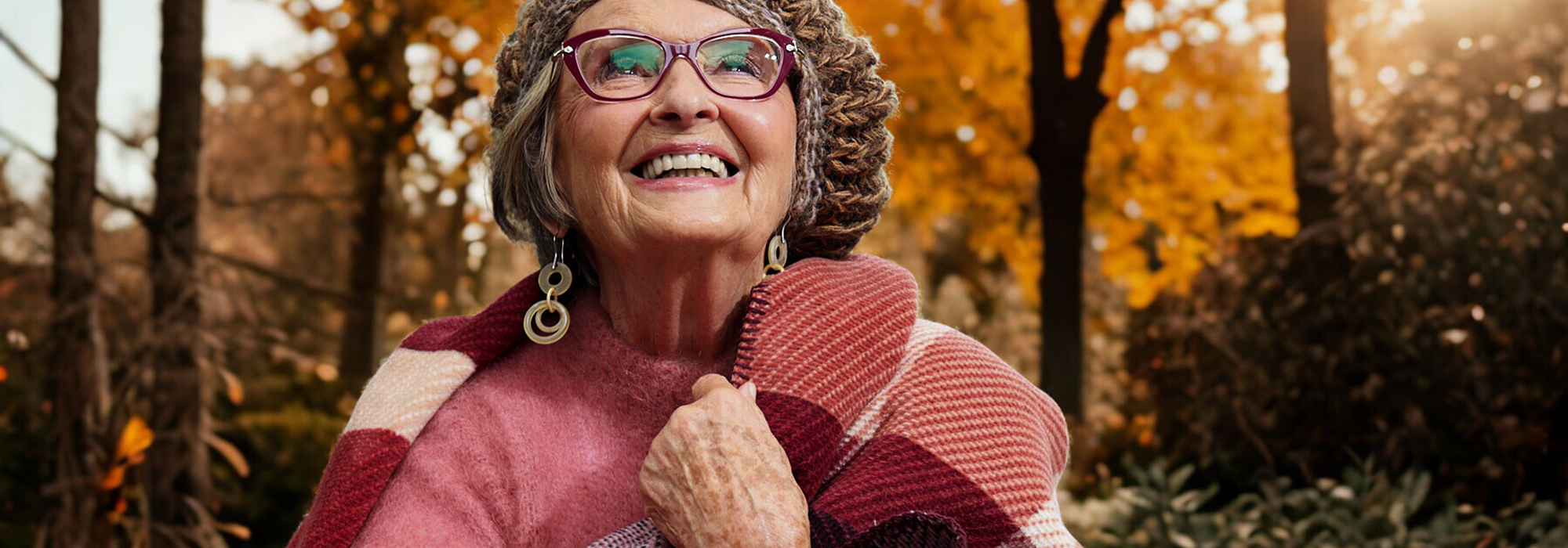 Wohndecke Ruby Check mit Model in Herbststimmung