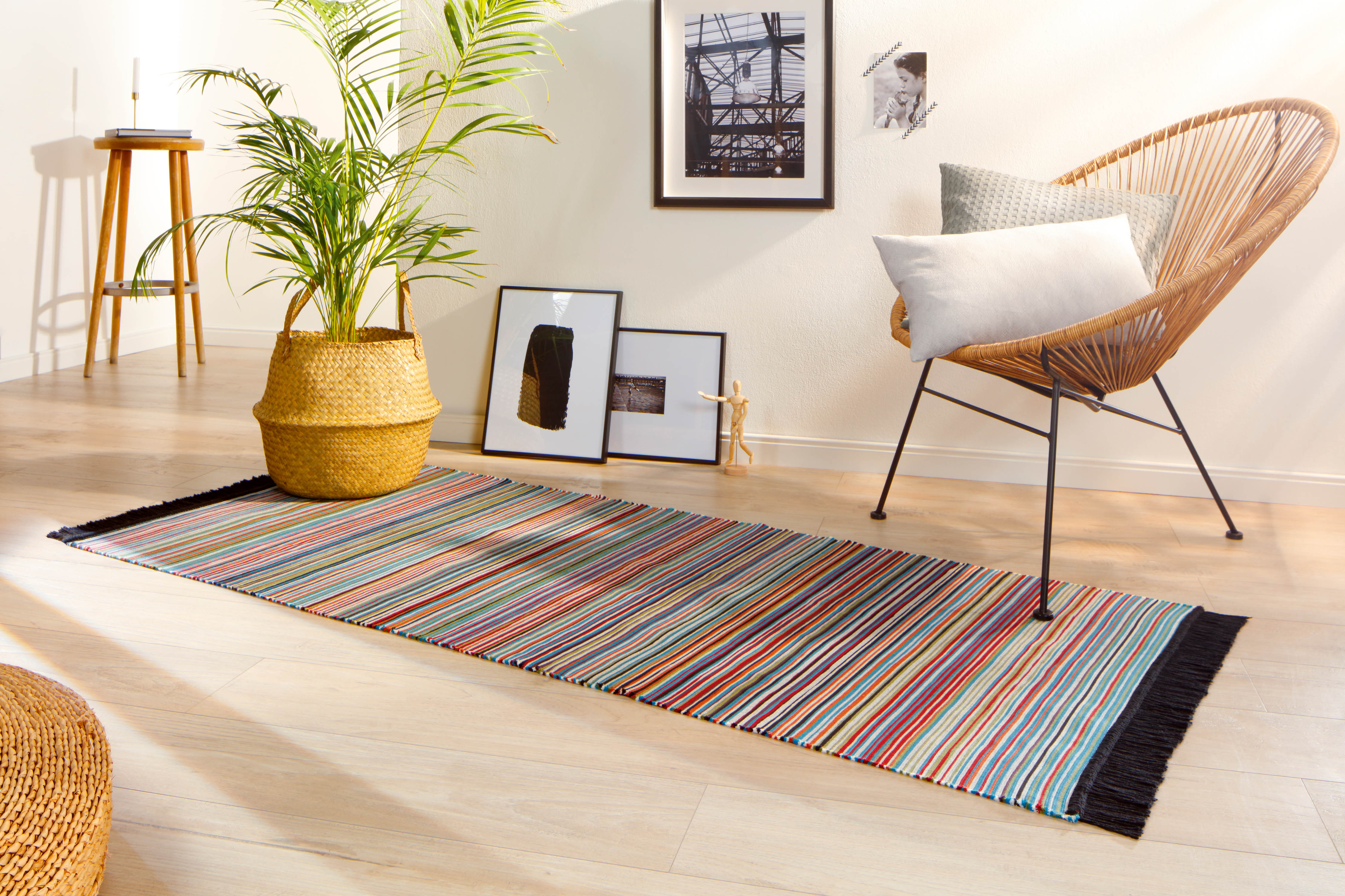 bunt gestreifter Fransen-Teppich "Stripe" aus Baumwolle in 80x200 cm - Milieu