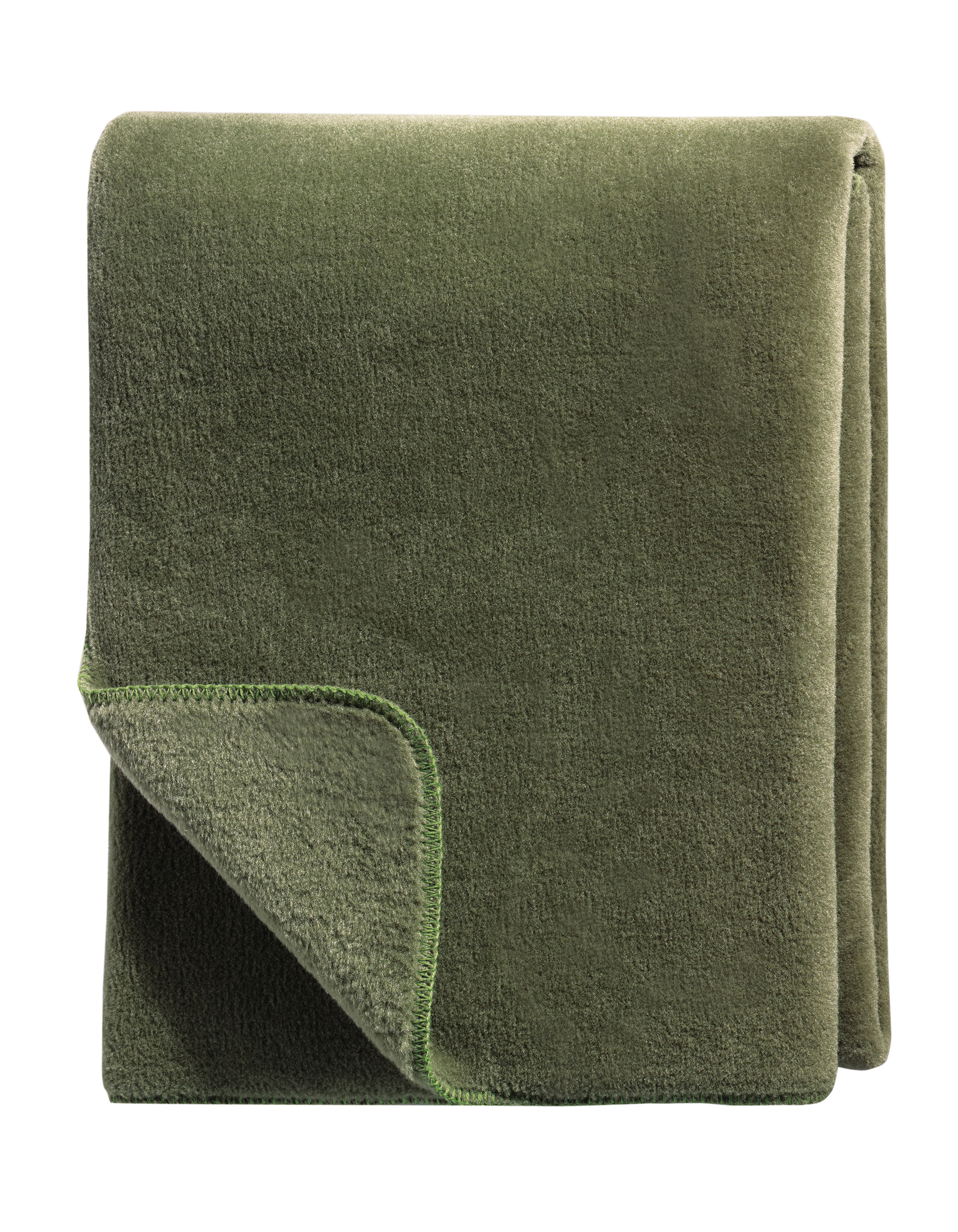 Wohndecke Wool Feel mossy Päckchenbild frontal von oben mit umgelegter Ecke