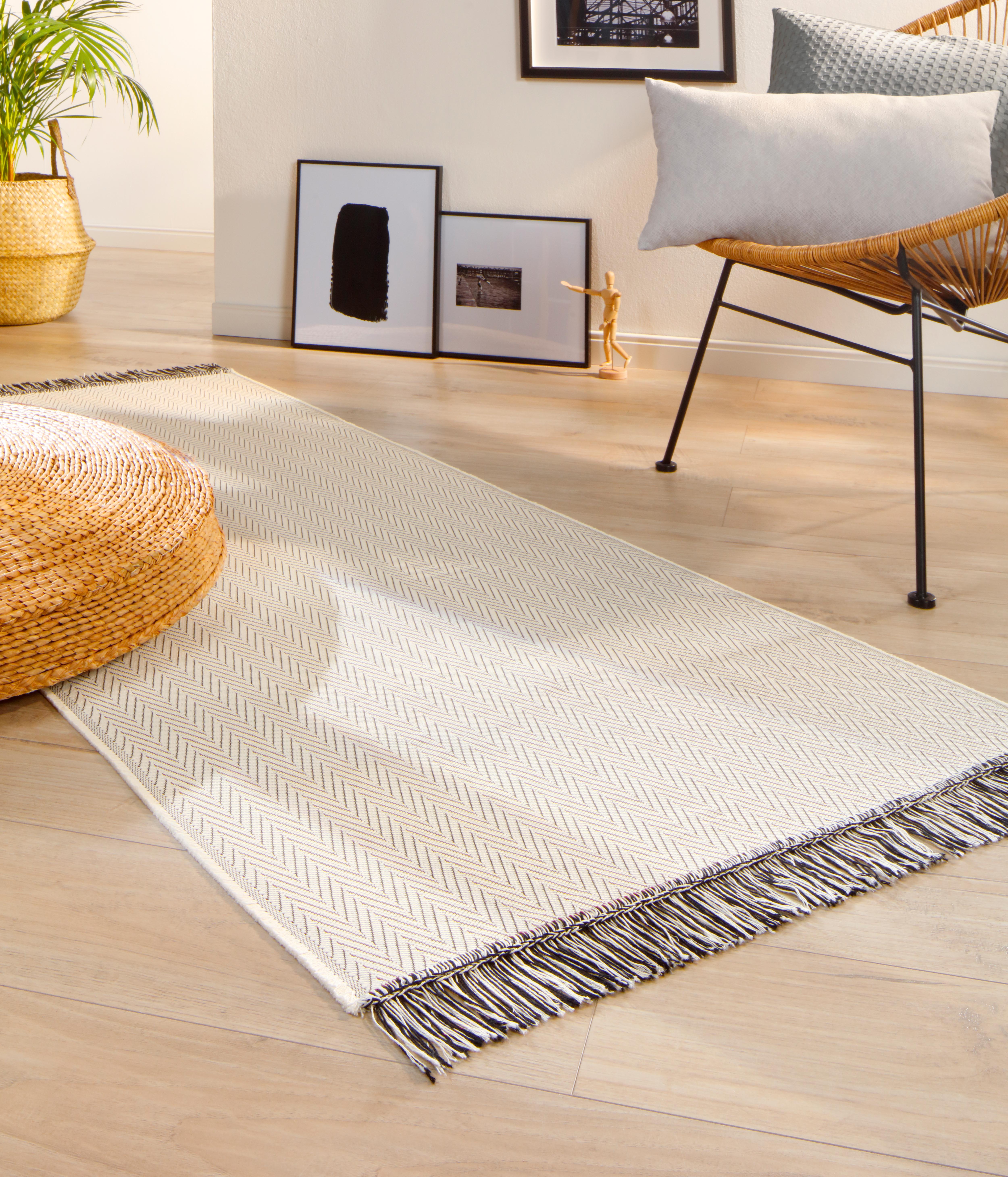 heller Fransen-Teppich "Zigzag" aus Baumwolle in 80x200 cm - Milieu