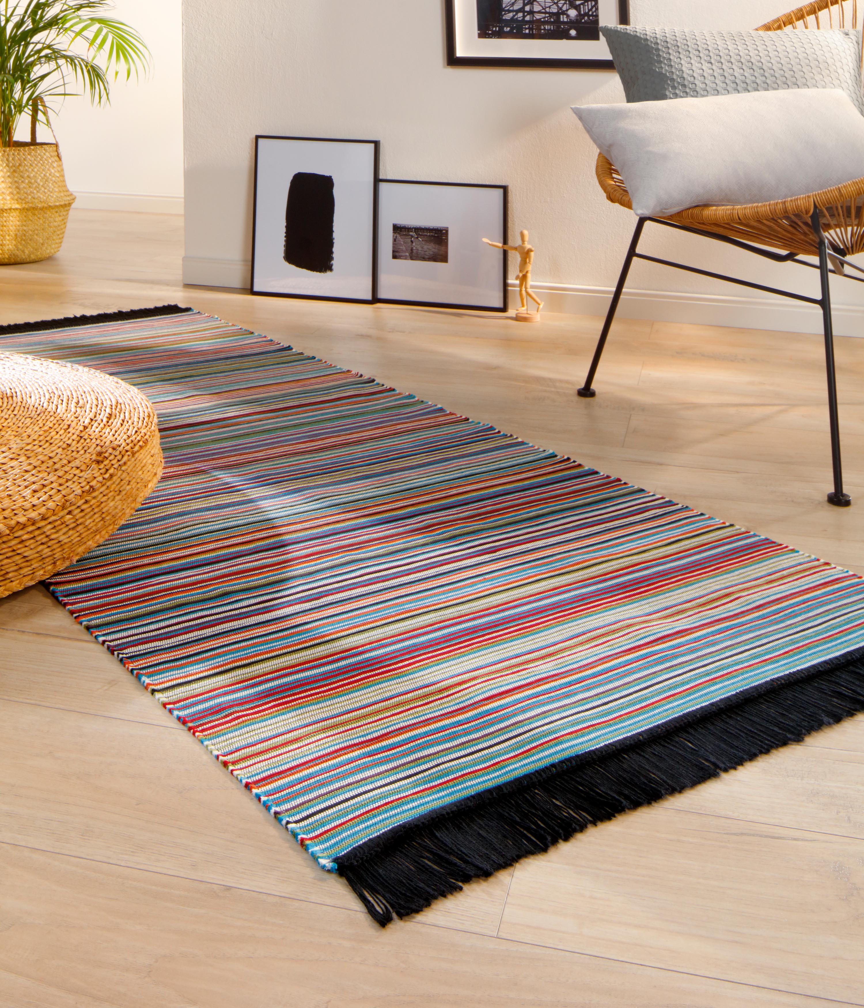 bunt gestreifter Fransen-Teppich "Stripe" aus Baumwolle in 80x200 cm - Milieu Teppich-Läufer